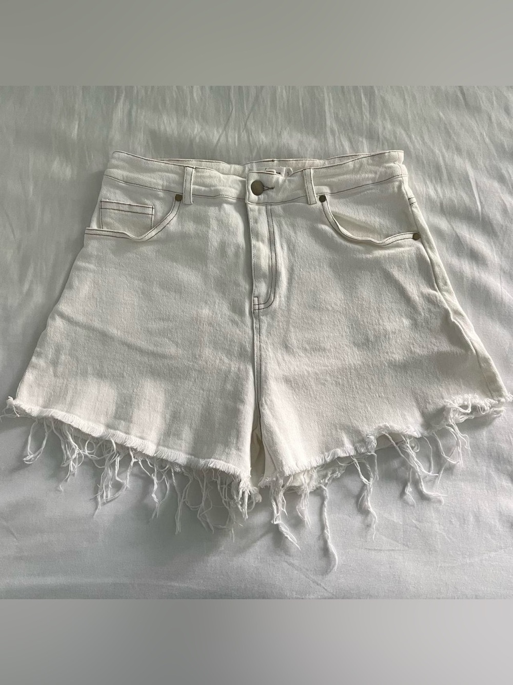 High-Rise White Frayed Hem Denim Shorts